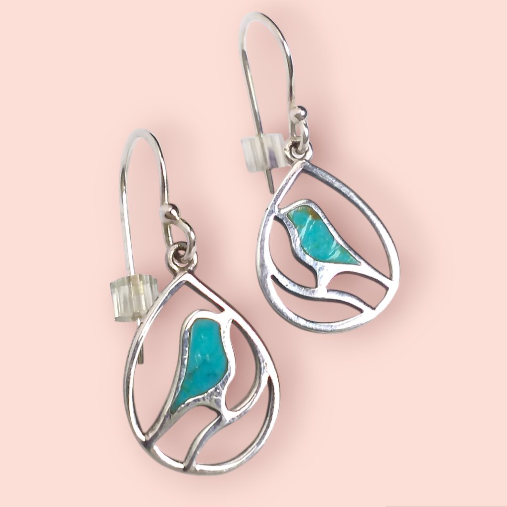 Boma 925 Sterling Silver Earrings Turquoise Inlay Bird Teardrop Shepherds Hook 20$
